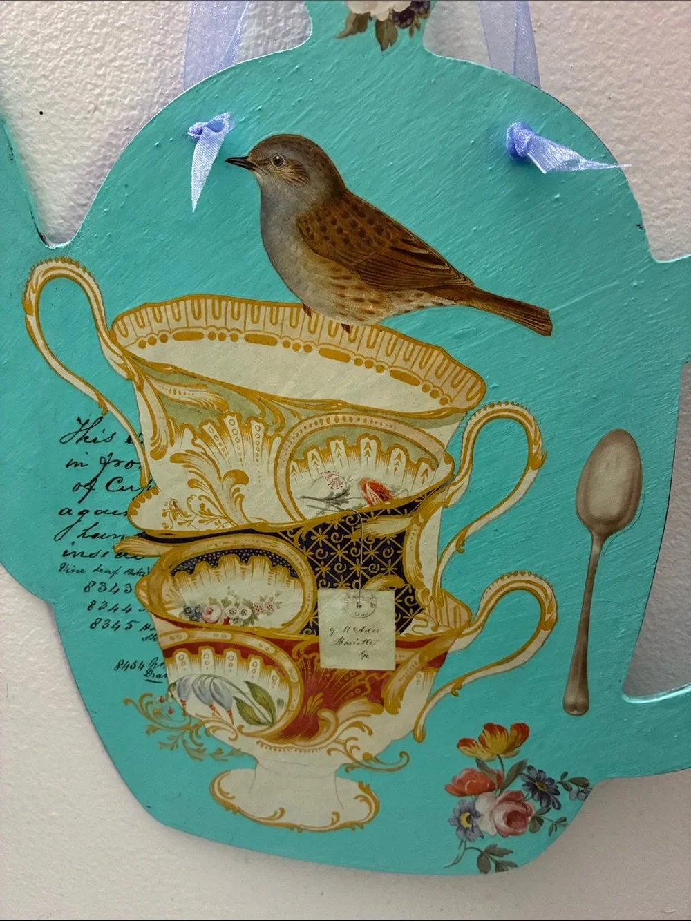 Turquoise Teapot Wood Wall Plaque with Vintage Tea Cup Illustration